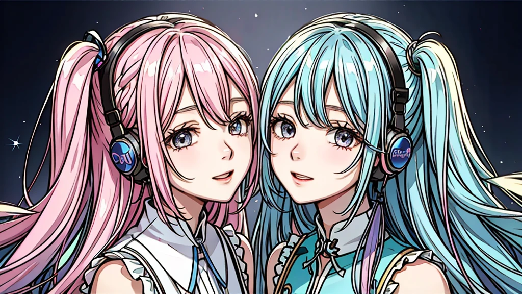 twogirls,Pink and light blue hair,Paired fashion、Matching clothes、Rainbow background wall,Graffiti background,face perfect、A detailed eye、Close one eye、Stars in the eyes、piece、Headset microphone、dance、Idol、Make your audience smile、Sing with your mouth open