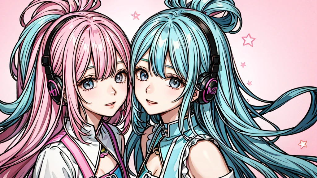 twogirls,Pink and light blue hair,Paired fashion、Matching clothes、Rainbow background wall,Graffiti background,face perfect、A detailed eye、Close one eye、Stars in the eyes、piece、Headset microphone、dance、Idol、Make your audience smile、Sing with your mouth open