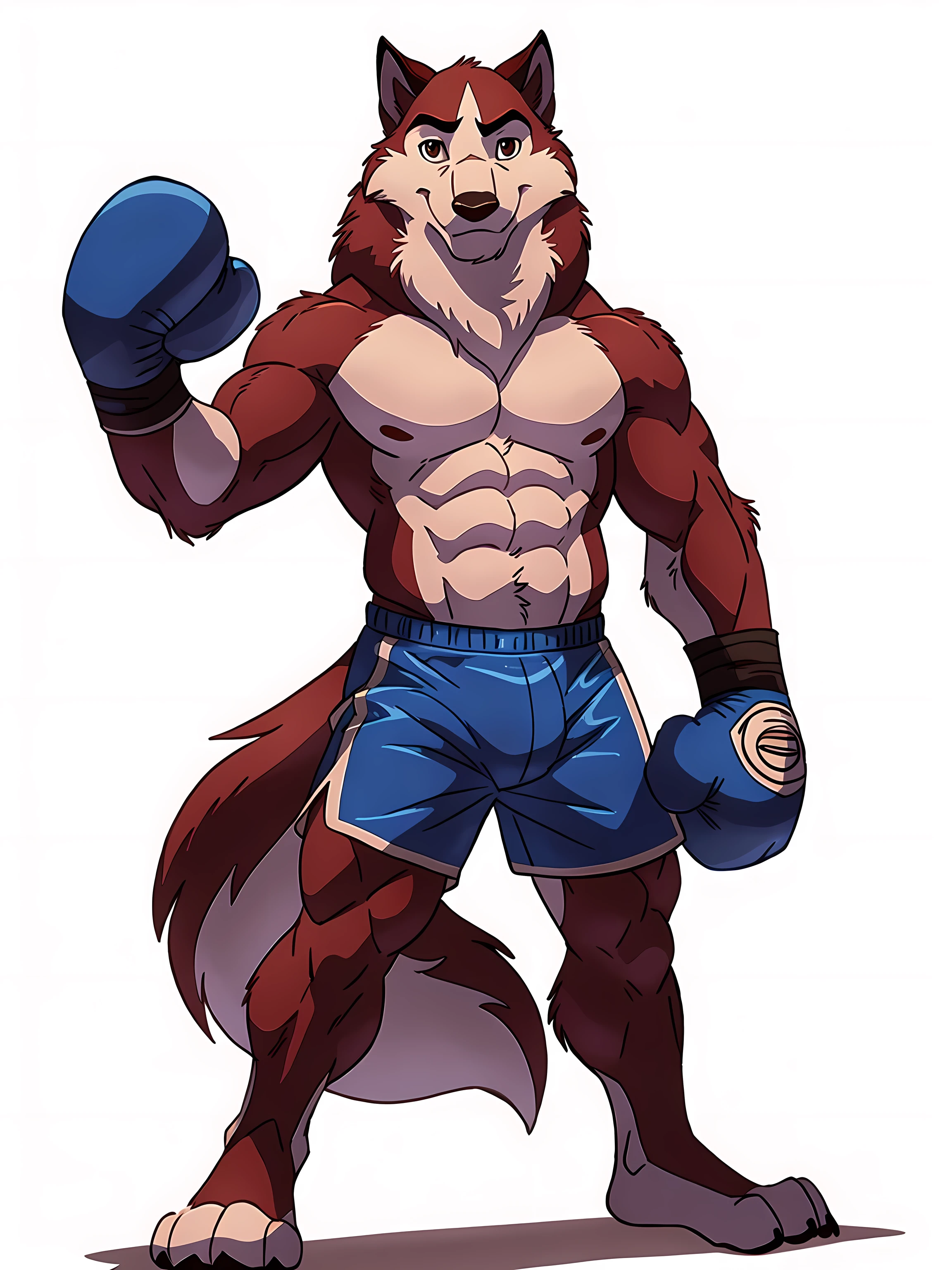 kodi, kodiak (balto), red fur, detailed, detailed face, detailed eyes, anthro body, black lineart, black outline, male, young adult, muscular body, brown eyes, cartoon shading, cel shaded:1.0, confident, proud, smile, front view:1.1, boxing shorts, full body:1.2, wolf tail, (wearing boxing gloves, detailed boxing gloves):1.1, (no background, white background):1.5, bare chest, by wfa, by negger