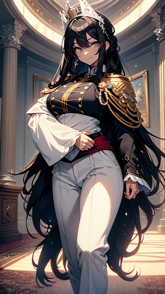 best quality, extremely detailed, anime style adult 1girl, long hair down to the waist, straight hair, ((dark black hair with bluish)), ponybun,crown braid,beautiful detailed eyes, pinched eyes, dark blue eyes, huge breasts,curvy,((((white cool prince clothing)))),((trousers)),crown,Clothes with a lot of cloth area,masculine attire,light smile,((((Luxurious room)))),animation cap,animated gif