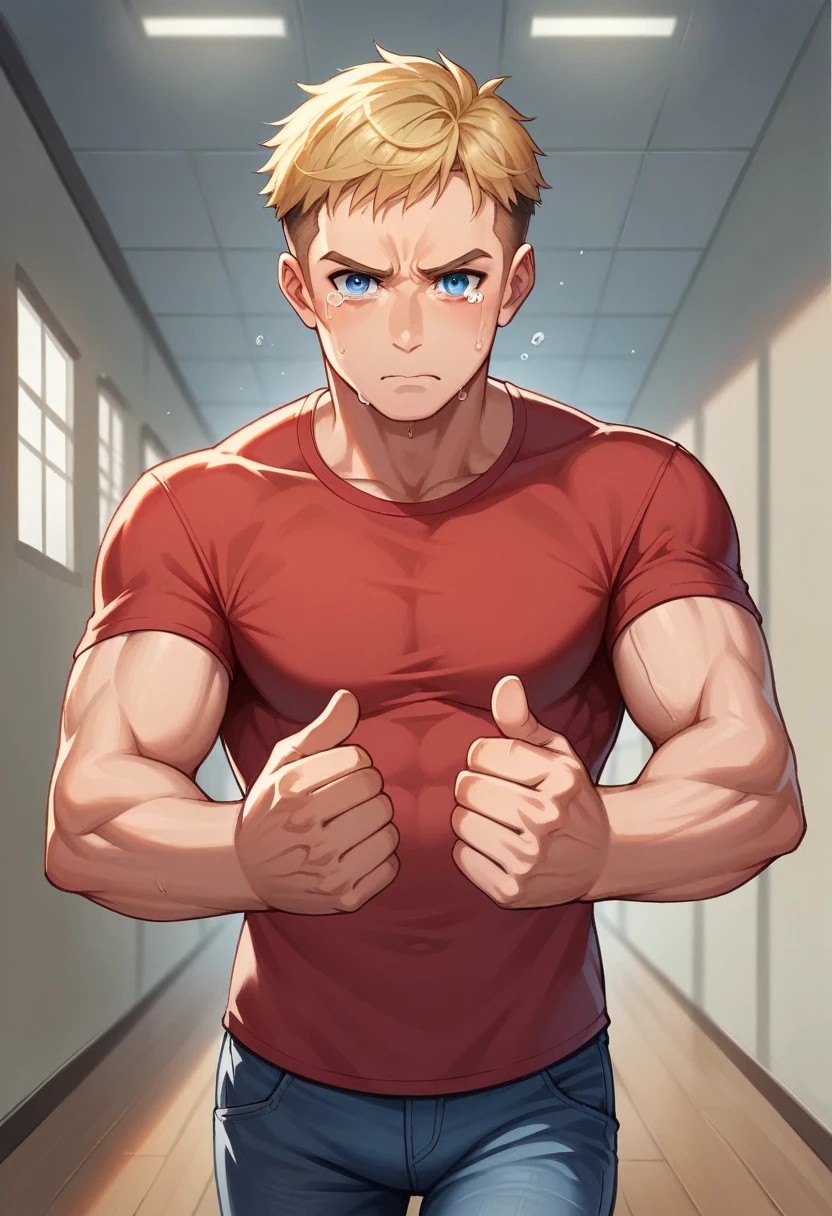 Illustration, detailed illustration, best quality, ultra detailed, masterwork, 1boy, 20 year old man, handsome, toned, sad expression, anguished expression, upward angle, dynamic angle, looking at viewer, short blonde hair, blue eyes, hallway, red shirt, jeans, one clenched fist, pointing at viewer, raised fist, tears in eyes, looking down, dynamic pose