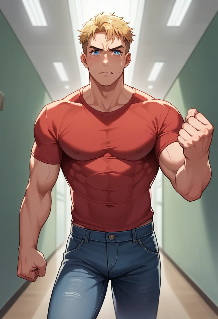 Katsuki Bakugo from Boku No Hero Academia, wearing blue jeans with brown belt, serious, bodybuilder, defined body, shirtless, abs, big legs, white empty room, sexy, with the hands on the pockets