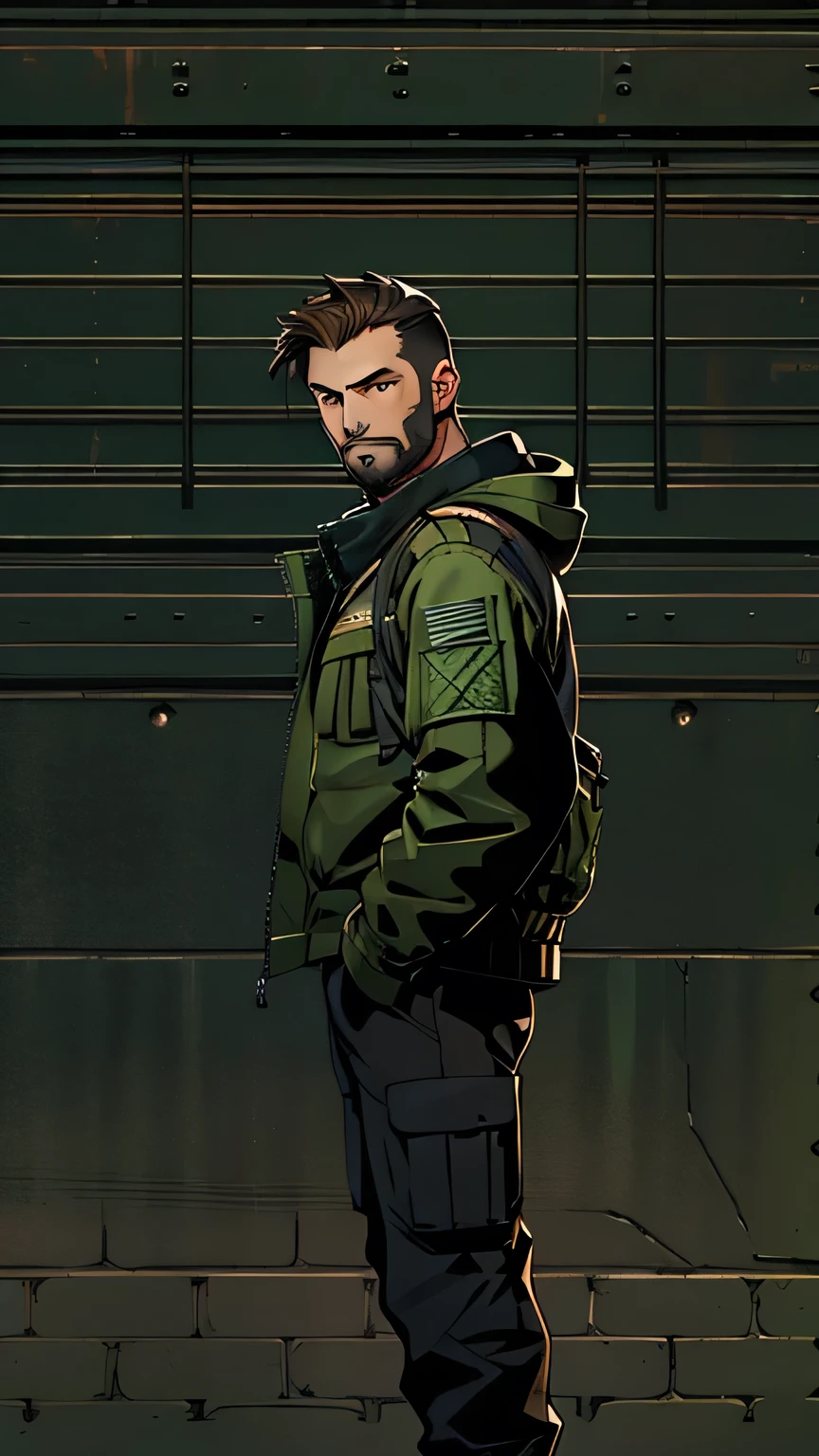 Man in his early thirties, with short brown hair and a thin beard, green eyes shining with determination, wearing black tactical jacket and cargo pants, looking directly at the camera with a serious and confident expression, dark neutral background