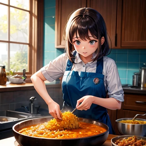 Girl making giant curry rice