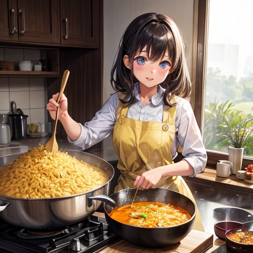 Girl making giant curry rice