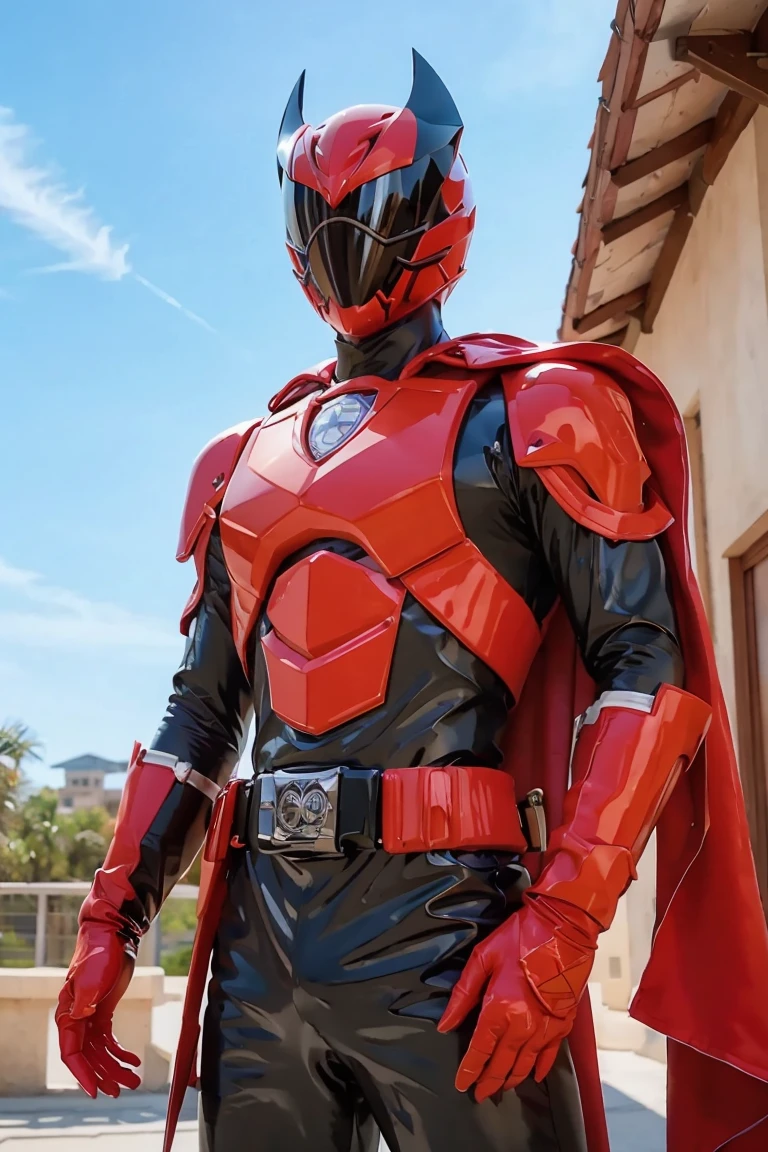 (masterpiece, best quality:1.2), black Kingohger, black power ranger suit, power suit, masked, 1boy, solo