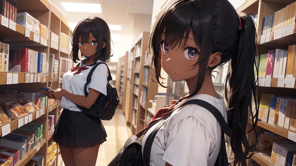 best god quality, Ultra-detailed, perfect , standing up straight, (Draw a tomboy excitedly inside a college library), 1girl, is a excited beautiful tan girl, tomboy aesthetic, dark skin girl, tanline skin, (dark skin2), (long black + wavy hair1.2), (school girl outfit1.2), Full limbs, complete fingers, groin, Beautiful hazel eyes, well-proportioned tan tomboy, student clothing, in a library, High resolution, Best lighting by professional AI, college library, looking at viewer, (((One girl in middle))), (((SOLO))), (library in background)