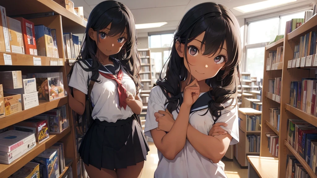 best god quality, Ultra-detailed, perfect Anatomy, standing up straight, (Draw a tomboy excitedly inside a college library), 1girl, is a excited beautiful tan girl, tomboy aesthetic, dark skin girl, tanline skin, (dark skin*2), (long black + wavy hair*1.2), (school girl outfit*1.2), Full limbs, complete fingers, groin, Beautiful hazel eyes, well-proportioned tan tomboy, student clothing, in a library, High resolution, Best lighting by professional AI, college library, looking at viewer, (((One girl in middle))), (((SOLO))), (library in background)
