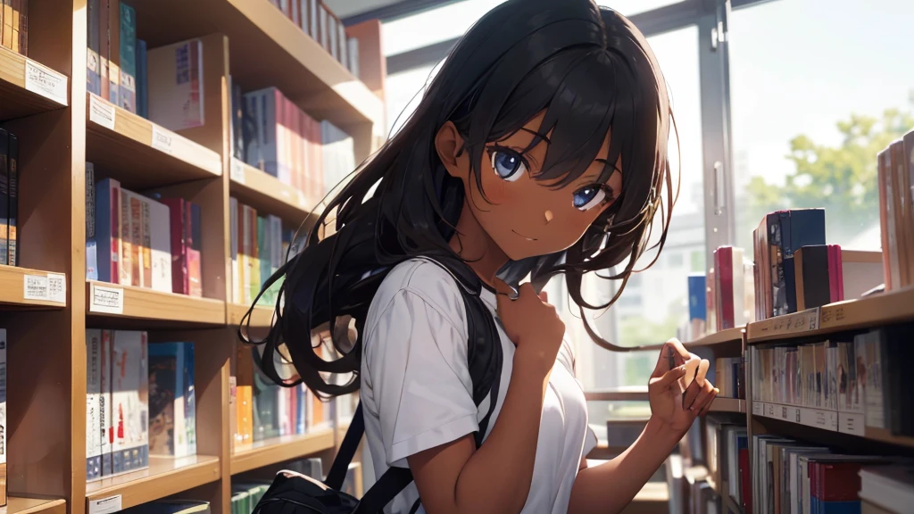 best god quality, Ultra-detailed, perfect ???????, standing up straight, (Draw a tomboy excitedly inside a college library), 1girl, is a excited beautiful tan girl, tomboy aesthetic, dark skin girl, tanline skin, (dark skin*2), (long black + wavy hair*1.2), (school girl outfit*1.2), Full limbs, complete fingers, groin, Beautiful hazel eyes, well-proportioned tan tomboy, student clothing, in a library, High resolution, Best lighting by professional AI, college library, looking at viewer, (((One girl in middle))), (((SOLO))), (library in background)