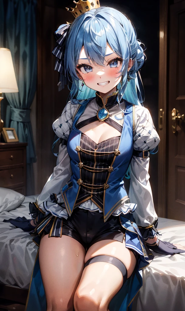 1girl, solo, , idol, SuiseiStellar, long hair, half updo, tilted crown, white shrug \(clothing\), juliet sleeves, blue brooch, blue pinstripe shirt, blue vest, half gloves, blue shorts, half-skirt, o-ring thigh strap, single thigh boot ,cameltoe,(((trembling))),(blush,grin),nsfw,my room,looking viewer