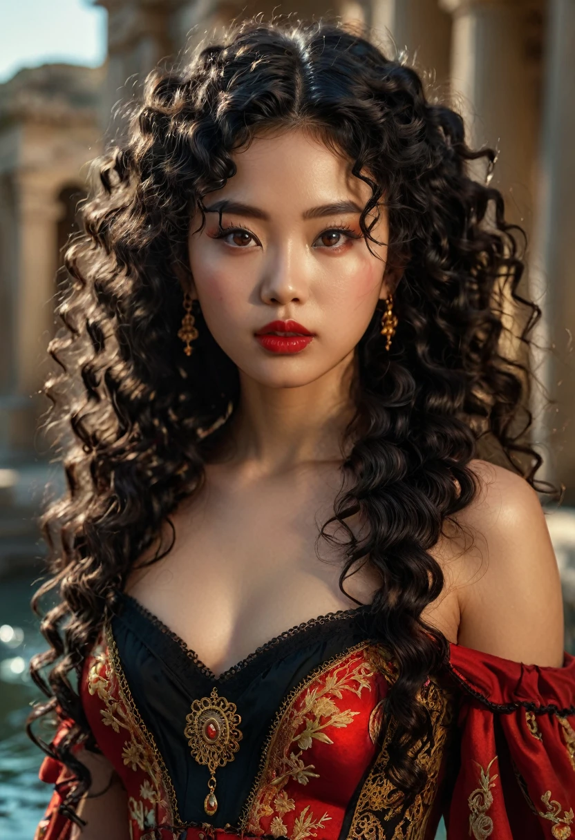 (1 girl 1.3) (extremely detailed 1.3) (anatomically correct, High precision, realistic skin) (RAW photo, nikon, 8k, Super detailed, advanced details, intricate details,), (Lighting: Face lighting, Ray tracing, reflective light, Structurally correct)  ((divine aura, greek goddess of fertility, sex, and eroticism) (Subject: beautiful half-asian, mixed asian-european, bronze skin, woman with hair in black curls and coils) (wearing: detailed embroidered goth lolita extravagent many layers renaissance), [(best quality, highres, masterpiece:1.2), A half-asian half greek female virgin sacrifice, bronze skin, in the style of Boris Valloje, full body portrait, sharp focus, vivid colors, detailed facial features, black curly wavy hair, expressive eyes, full red lips, creative atmosphere, bursts of inspiration,, huge , long legs, water temple] teal, bronze, slate, rust