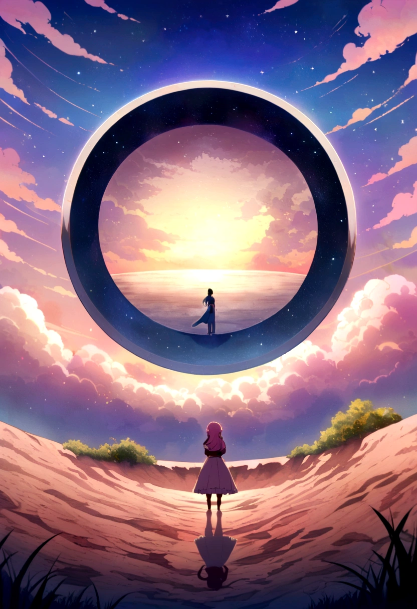 Lunar crater, Anime aesthetic style, Dreamy and romantic composition, Colorful sky, concise, Song, Soft, Romantic scenery, Dark pink and light amber - ar 3:2 --style raw --v 5.1 --s750