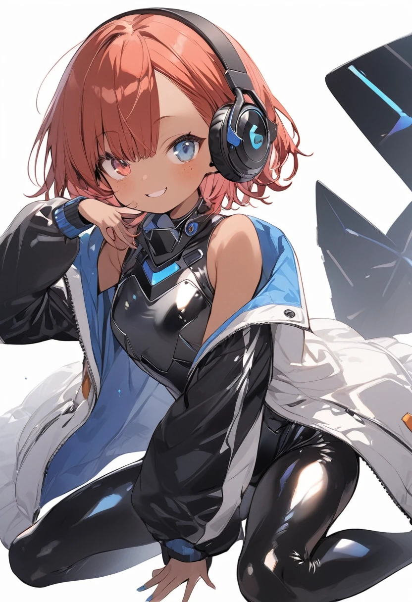 full body,1 girl,(cute:1.3),short red Hair, left eye blue, right eye yellow, tan skin, freckles,{White breastplate, Black futuristic headphones, Mechanical black glossy metallic Bodysuit, Bare shoulders, oversized jacket, Glossy, shiny material, cute pose