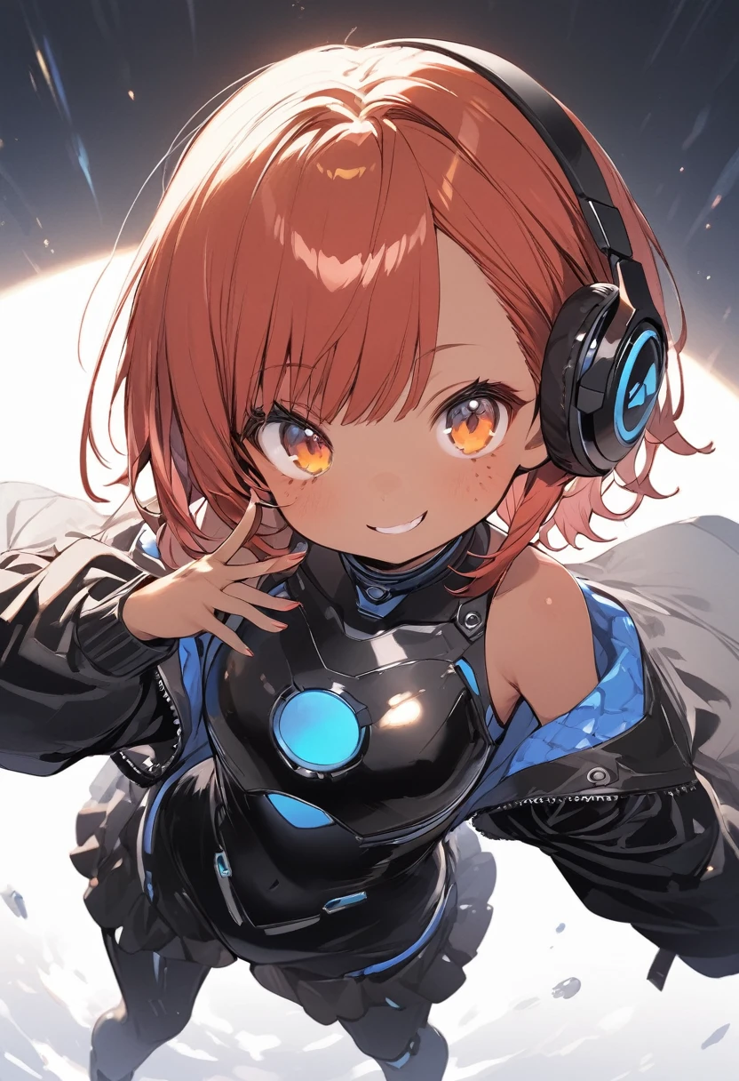 full body,1 girl,(cute:1.3),short red Hair, left eye blue, right eye yellow, tan skin, freckles,{White breastplate, Black futuristic headphones, Mechanical black glossy metallic Bodysuit, Bare shoulders, oversized jacket, Glossy, shiny material, cute pose