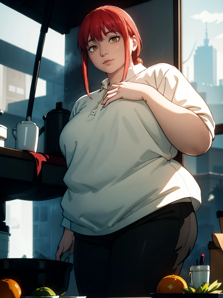 Le personnage Makima de la série animée Chainsaw Man, fragile, obésité morbide, ssbbw, pleine longueur (corps entier 1.1.), fond sombre, obscurité, anatomie correcte 1.1, anatomie correcte de la main, Très féminin, corps gras et rond, grosses Jambes, fesses, beau corps obèse, ventre rond et mou très gras, cheveux roux, Yeux oranges, Cercles rouges pour les écoliers, chemise blanche, jupe noire, cravate noire, pose sexy, réaliste, very détaillé, beau corps, détaillé body, détaillé hands, détaillé, vibrant, détaillé Face, Conception des personnages de Makima. very détaillé, détaillé body, détaillé hands, détaillé Face, Art animé, Hugh Détails, Visage très abattu, détaillé eyes, Illustration ultra fine, Meilleure ombre, détail fin, beautiful détaillé glow, beautiful détaillé, Extraordinairement beau, extremely détaillé, inexpressif, composition épique, Style animé. art animé, Style animé. Jupe noire, chemise blanche, cravatte, pose sexy, ventre énorme et rond
