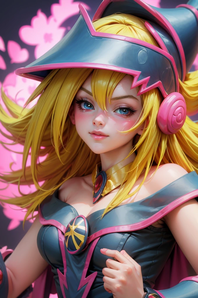 Beautiful face of dark magician gils, blue eyes. pink lips. Long blonde hair. exposed shoulders, angelic smile, beautiful well detailed face of dark magician gils. blowing a kiss. sexy kiss 