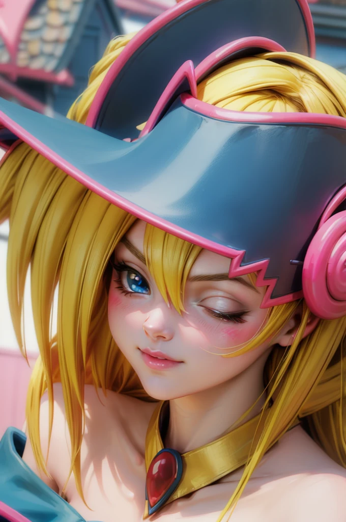 Beautiful face of dark magician gils, blue eyes. pink lips. Long blonde hair. exposed shoulders, angelic smile, beautiful well detailed face of dark magician gils. blowing a kiss. sexy kiss