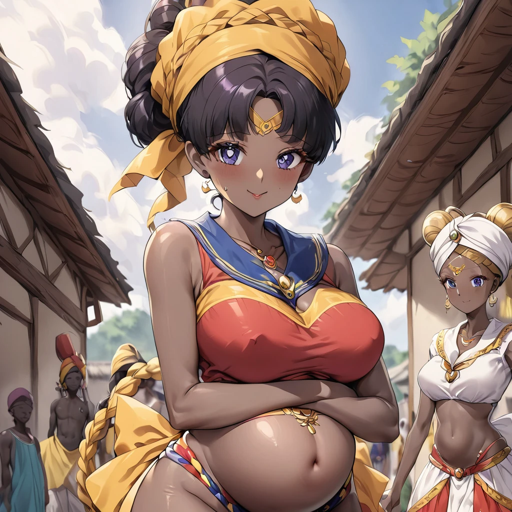 ((Highest quality)), ((masterpiece)), (detailed), (Perfect Face)、The woman is a Ghanaian born Tsukino Usagi with a vivid dark skin, black by birth, and is wearing a colorful Ghanaian dress from a Ghanaian village, a colorful turban head scarf, gorgeous jeweled accessories, and an engagement ring.、The woman is the elegant Tsukino Usagi, with her short black afro hair tied up in a Ghana braid, wearing a colorful Ghanaian dress and a colorful turban head scarf, with vibrant dark brown skin, a natural-born black person, and a natural-born Ghanaian, Tsukino Usagi.、(The woman is a black Ghanaian with vivid dark brown skin.)、The woman, together with other village girls, provides sexual services to the men in her village in Ghana.、The women are pregnant