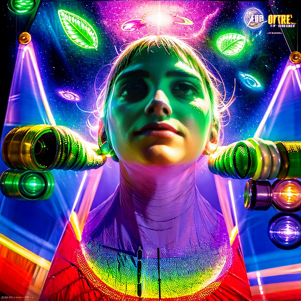 In this Esao Andrews' mesmerizing hyper-realistic portrait, a captivating human-bird creature with a slender frame and translucent, bioluminescent skin illuminates the scene. The creature's delicate form emits a stunning neon glow, while it tenderly cradles its enchanting bird-like face, which is adorned with a myriad of multi-colored neon dots radiating brilliant light. The dreamy atmosphere, saturated with a vibrant color palette, transports the viewer into a world of wonder and mystery, perfectly encapsulating the artist's signature style. The cinematic quality of the image makes it suitable for a poster, inviting the audience to dive into a realm of enchantment and intrigue., poster, photo, vibrant, cinematic