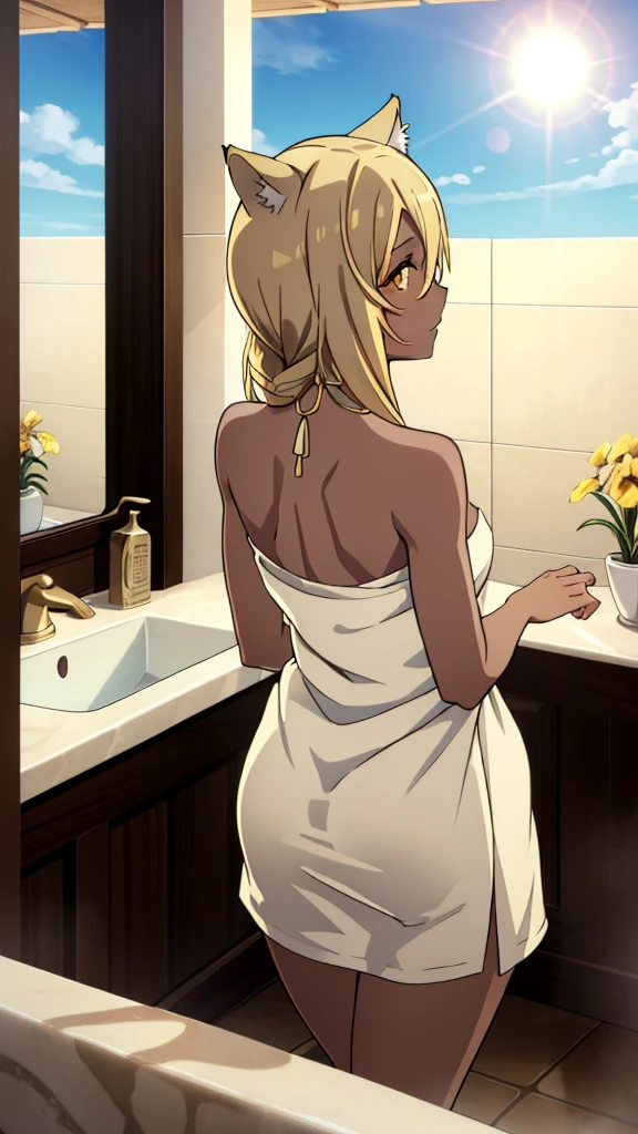 (1girl ,solo,20s,mature female),blonde hair,long hair,cat ears,yellow eyes,(((dark skin))),(Egypt, blue sky, sun),bare shoulders,looking at view,from back,bathroom,naked towel