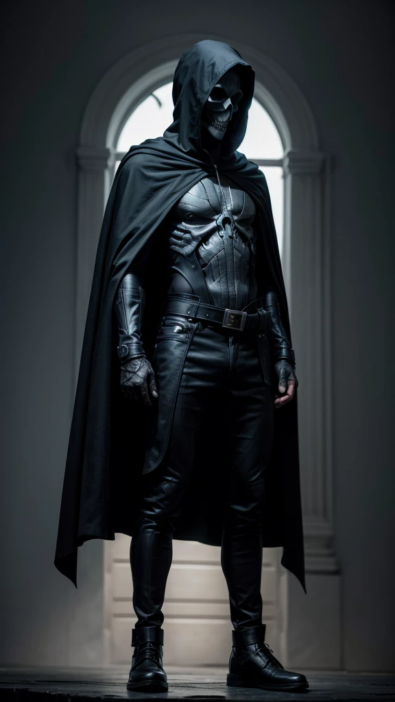 A standing skull with a black cape without a hood
