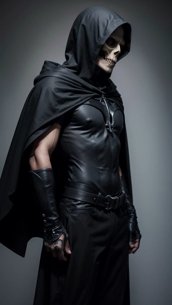 A standing skull with a black cape without a hood