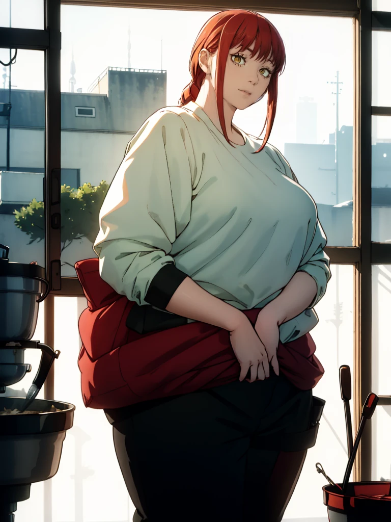 Le personnage Makima de la série animée Chainsaw Man, fragile, obésité morbide, ssbbw, pleine longueur (corps entier 1.1.), fond sombre, obscurité, anatomie correcte 1.1, anatomie correcte de la main, Très féminin, corps gras et rond, grosses Jambes, fesses, beau corps obèse, ventre rond et mou très gras, cheveux roux, Yeux oranges, Cercles rouges pour les écoliers, chemise blanche, jupe noire, cravate noire, pose sexy, réaliste, very détaillé, beau corps, détaillé body, détaillé hands, détaillé, vibrant, détaillé Face, Conception des personnages de Makima. very détaillé, détaillé body, détaillé hands, détaillé Face, Art animé, Hugh Détails, Visage très abattu, détaillé eyes, Illustration ultra fine, Meilleure ombre, détail fin, beautiful détaillé glow, beautiful détaillé, Extraordinairement beau, extremely détaillé, inexpressif, composition épique, Style animé. art animé, Style animé. Jupe noire, chemise blanche, cravatte, pose sexy, ventre énorme et rond