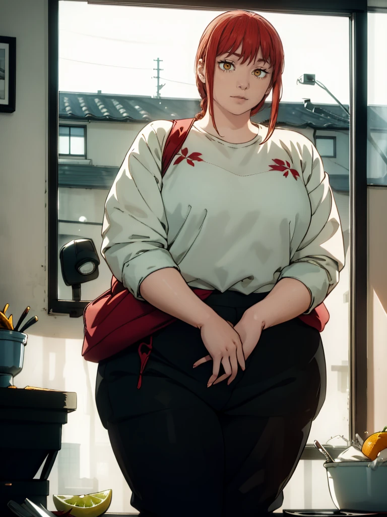 Le personnage Makima de la série animée Chainsaw Man, fragile, obésité morbide, ssbbw, pleine longueur (corps entier 1.1.), fond sombre, obscurité, anatomie correcte 1.1, anatomie correcte de la main, Très féminin, corps gras et rond, grosses Jambes, fesses, beau corps obèse, ventre rond et mou très gras, cheveux roux, Yeux oranges, Cercles rouges pour les écoliers, chemise blanche, jupe noire, cravate noire, pose sexy, réaliste, very détaillé, beau corps, détaillé body, détaillé hands, détaillé, vibrant, détaillé Face, Conception des personnages de Makima. very détaillé, détaillé body, détaillé hands, détaillé Face, Art animé, Hugh Détails, Visage très abattu, détaillé eyes, Illustration ultra fine, Meilleure ombre, détail fin, beautiful détaillé glow, beautiful détaillé, Extraordinairement beau, extremely détaillé, inexpressif, composition épique, Style animé. art animé, Style animé. Jupe noire, chemise blanche, cravatte, pose sexy, yeux jaunes