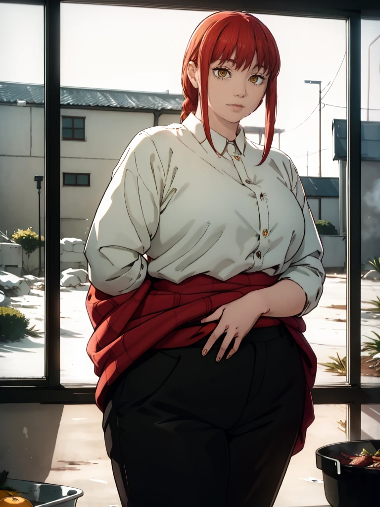 Le personnage Makima de la série animée Chainsaw Man, fragile, obésité morbide, ssbbw, pleine longueur (corps entier 1.1.), fond sombre, obscurité, anatomie correcte 1.1, anatomie correcte de la main, Très féminin, corps gras et rond, grosses Jambes, fesses, beau corps obèse, ventre rond et mou très gras, cheveux roux, Yeux oranges, Cercles rouges pour les écoliers, chemise blanche, jupe noire, cravate noire, pose sexy, réaliste, very détaillé, beau corps, détaillé body, détaillé hands, détaillé, vibrant, détaillé Face, Conception des personnages de Makima. very détaillé, détaillé body, détaillé hands, détaillé Face, Art animé, Hugh Détails, Visage très abattu, détaillé eyes, Illustration ultra fine, Meilleure ombre, détail fin, beautiful détaillé glow, beautiful détaillé, Extraordinairement beau, extremely détaillé, inexpressif, composition épique, Style animé. art animé, Style animé. Jupe noire, chemise blanche, cravatte, pose sexy, yeux jaunes