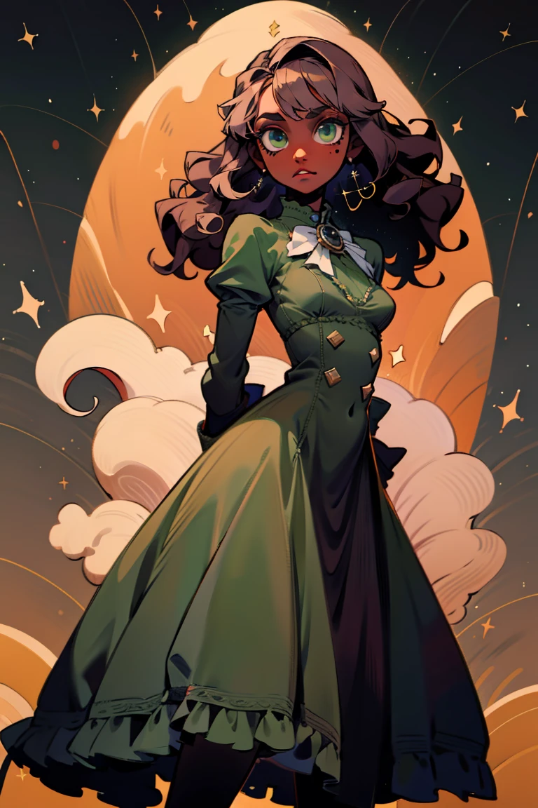 masterpiece, absurdres, 1girl, cowboyshot, tachi-e, mature woman, best aesthetics, medium breasts, wide hips, thick thighs, dark hair, narrow eyes, dark skin, ankle-length dress, arched nose, soft shading, very detailed face, clean lines, dynamic pose, anatomically correct, hyperdetailed, beautiful lighting, dark atmosphere, dark eyeshadow, good makeup, detailed hair, green eyes, sparkling eyes, telescope, magic, fantasy, medieval, high fantasy, black stockings, comfy, cozy, tareme, medium chest, SFW, long dress, arms behind back, outdoors, constellations in sky, stargazing, extremely curly hair
