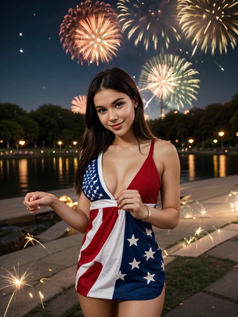 woman with long brown hair large breasts wearing the american flag bikini at a pool party at night with fireworks in the background