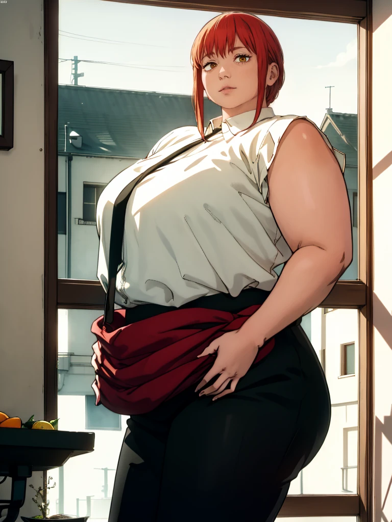 Le personnage Makima de la série animée Chainsaw Man, fragile, obésité morbide, ssbbw, pleine longueur (corps entier 1.1.), fond sombre, obscurité, anatomie correcte 1.1, anatomie correcte de la main, Très féminin, corps gras et rond, grosses Jambes, fesses, beau corps obèse, ventre rond et mou très gras, cheveux roux, Yeux oranges, Cercles rouges pour les écoliers, chemise blanche, jupe noire, cravate noire, pose sexy, réaliste, very détaillé, beau corps, détaillé body, détaillé hands, détaillé, vibrant, détaillé Face, Conception des personnages de Makima. very détaillé, détaillé body, détaillé hands, détaillé Face, Art animé, Hugh Détails, Visage très abattu, détaillé eyes, Illustration ultra fine, Meilleure ombre, détail fin, beautiful détaillé glow, beautiful détaillé, Extraordinairement beau, extremely détaillé, inexpressif, composition épique, Style animé. art animé, Style animé. Jupe noire, chemise blanche, cravatte, pose sexy, yeux jaunes