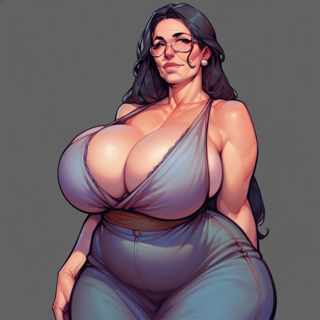 High quality, high detail, solo, best quality, 1girl, milf, (black hair, long hair,) without glasses, sexy clothing, black eyes, huge breasts, wide hips, thick thighs, standing, simple background