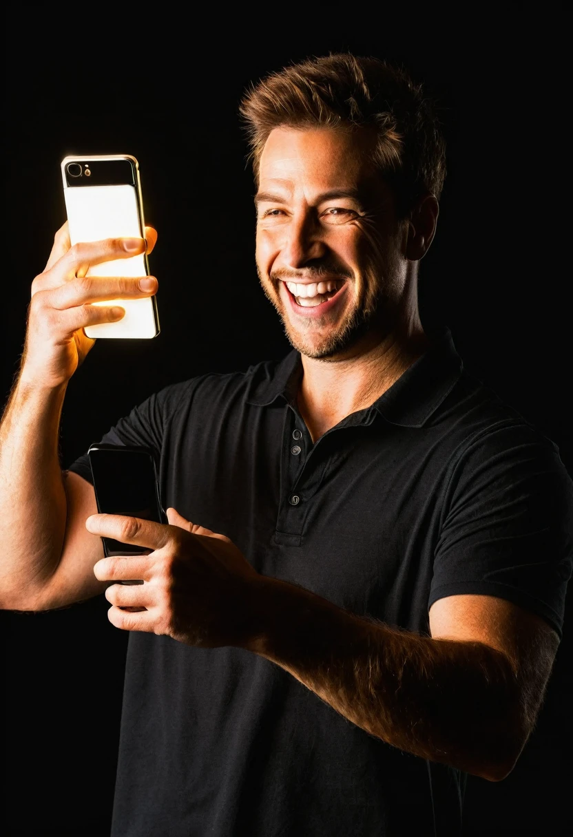 White man having fun holding cell phone, detailed hand, black backdrop, the light from the cell phone reflects on the man&#39;s face.