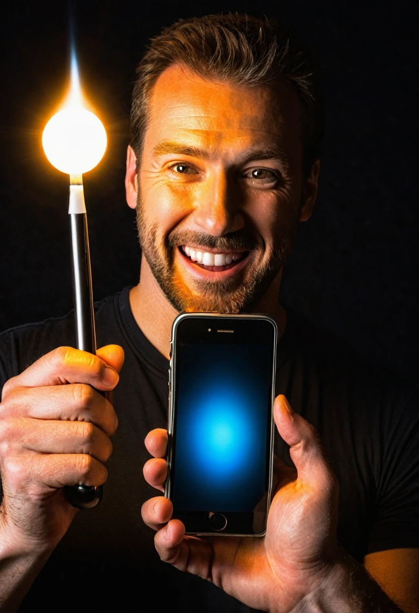 White man having fun holding cell phone, detailed hand, black backdrop, the light from the cell phone reflects on the man's face.