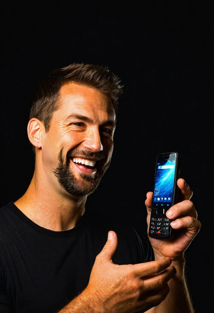 White man having fun holding cell phone, detailed hand, black backdrop, the light from the cell phone reflects on the man's face.