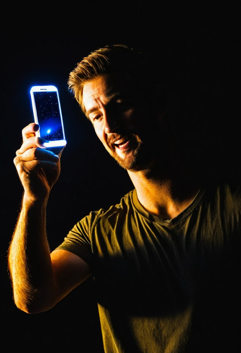 White man having fun holding cell phone, detailed hand, black backdrop, the light from the cell phone reflects on the man's face.