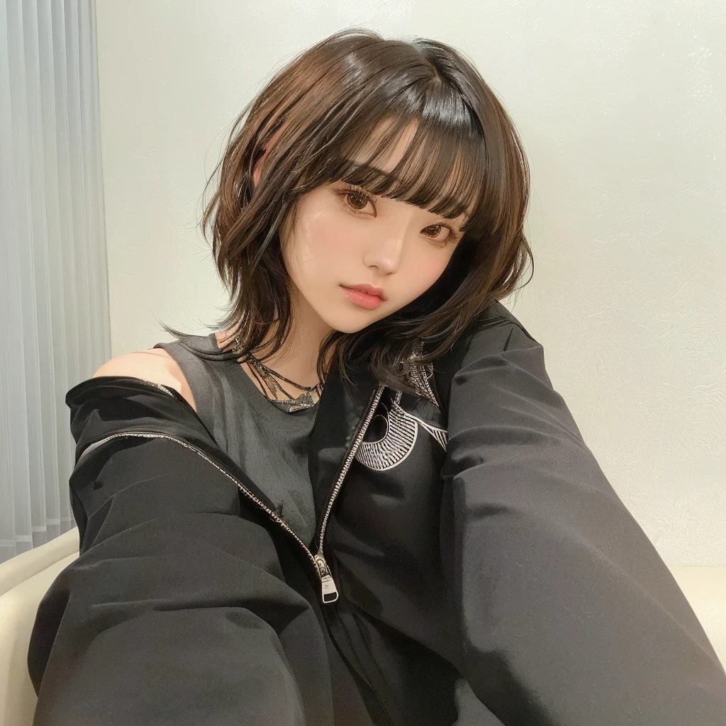 Upper body covered with black leather gloves up to the fingertips in both hands, black leather double riders open jacket, slender necklace, young and cute Japanese girl with beautiful black hair, sitting on a black leather chair facing the desk in the president's room at night, sitting on a cheek stick, big breasts, (white sexy simple bra), 4k, masterpiece