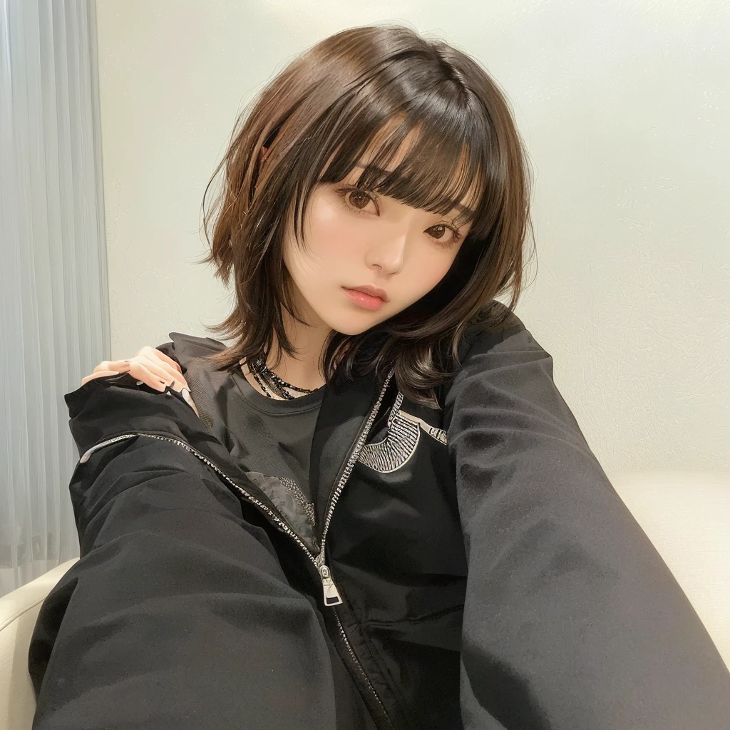 there is a woman sitting on a couch with a black jacket, the hime cut, with short hair, Chiho, with bangs, rena nounen style 3/4, Yoshitomo Nara, black hime cut hair, neat hair with bangs, sui ishida with black hair, shiori teshirogi, brown hair and bangs