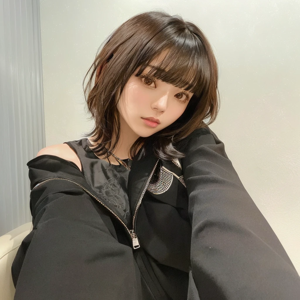 there is a woman sitting on a couch with a black jacket, the hime cut, with short hair, Chiho, with bangs, rena nounen style 3/4, Yoshitomo Nara, black hime cut hair, neat hair with bangs, sui ishida with black hair, shiori teshirogi, brown hair and bangs