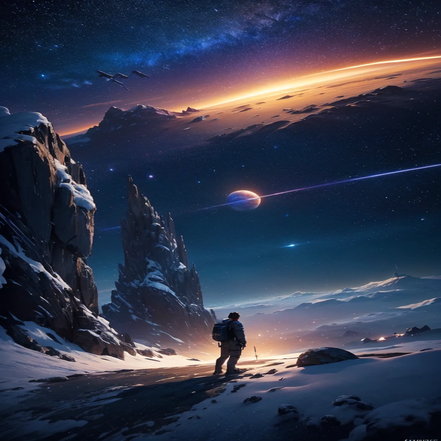 A man standing on a hill,Gaze at a planet and a star in the sky, Inspired by Jessica Rossier, beautiful Science Fiction Art, jessica rossier fantasy art, author:Christopher Balaskas, 4k highly detailed digital art, Sci-fi fantasy wallpaper, Science Fiction Art, inspired author:Christopher Balaskas, Epic fantasy sci-fi illustration, Science Fiction Artwork