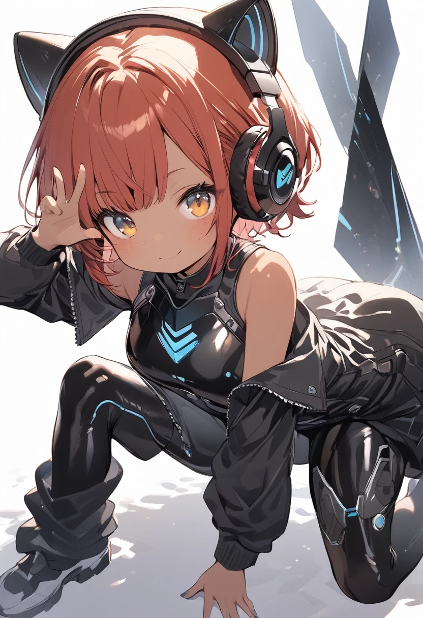 full body,1 girl,(cute:1.3),short red Hair, left eye blue, right eye yellow, tan skin, freckles,{White breastplate, Black futuristic headphones, Mechanical black glossy metallic Bodysuit, Bare shoulders, oversized jacket, Glossy, shiny material, cute pose