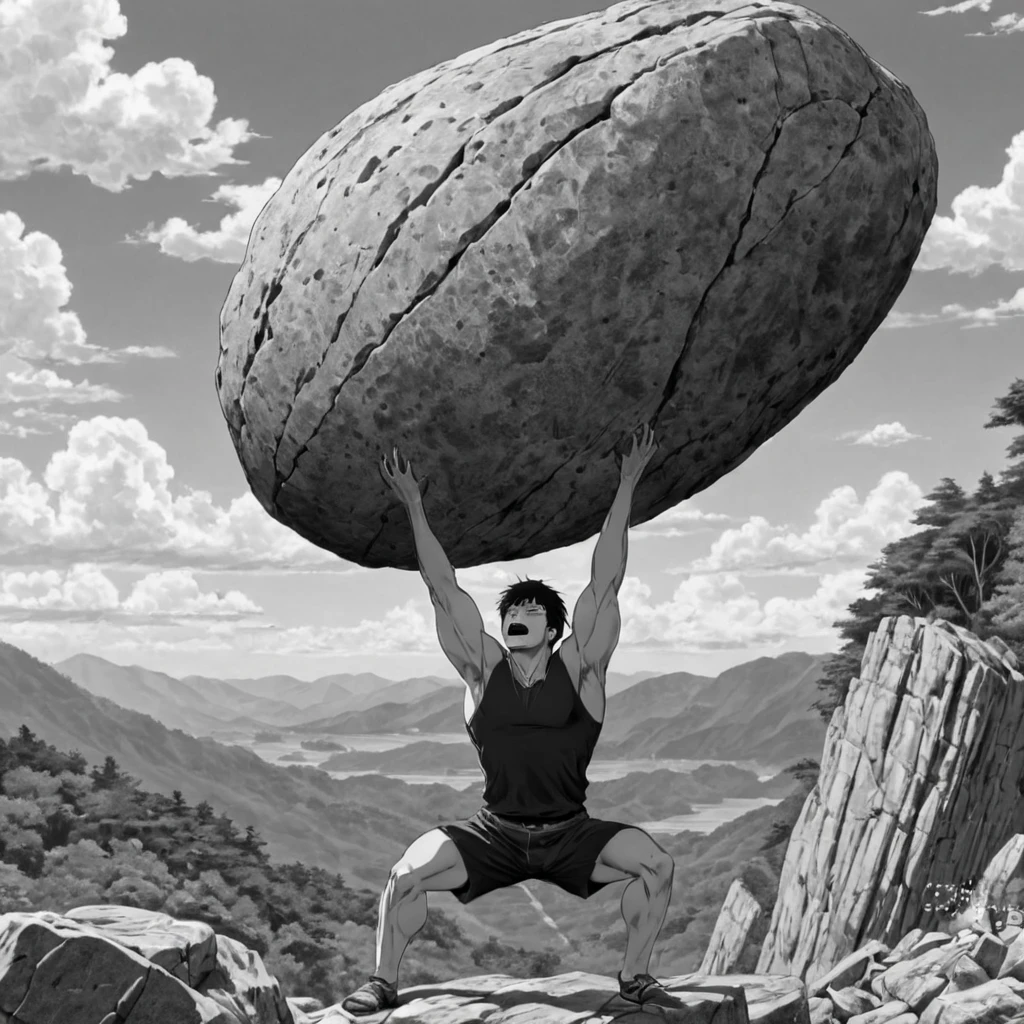 muscular man lifting a giant rock, (anime), bizarre scenario, This is Junji, Yusuke Murata, black and white, 8K, anime, horror