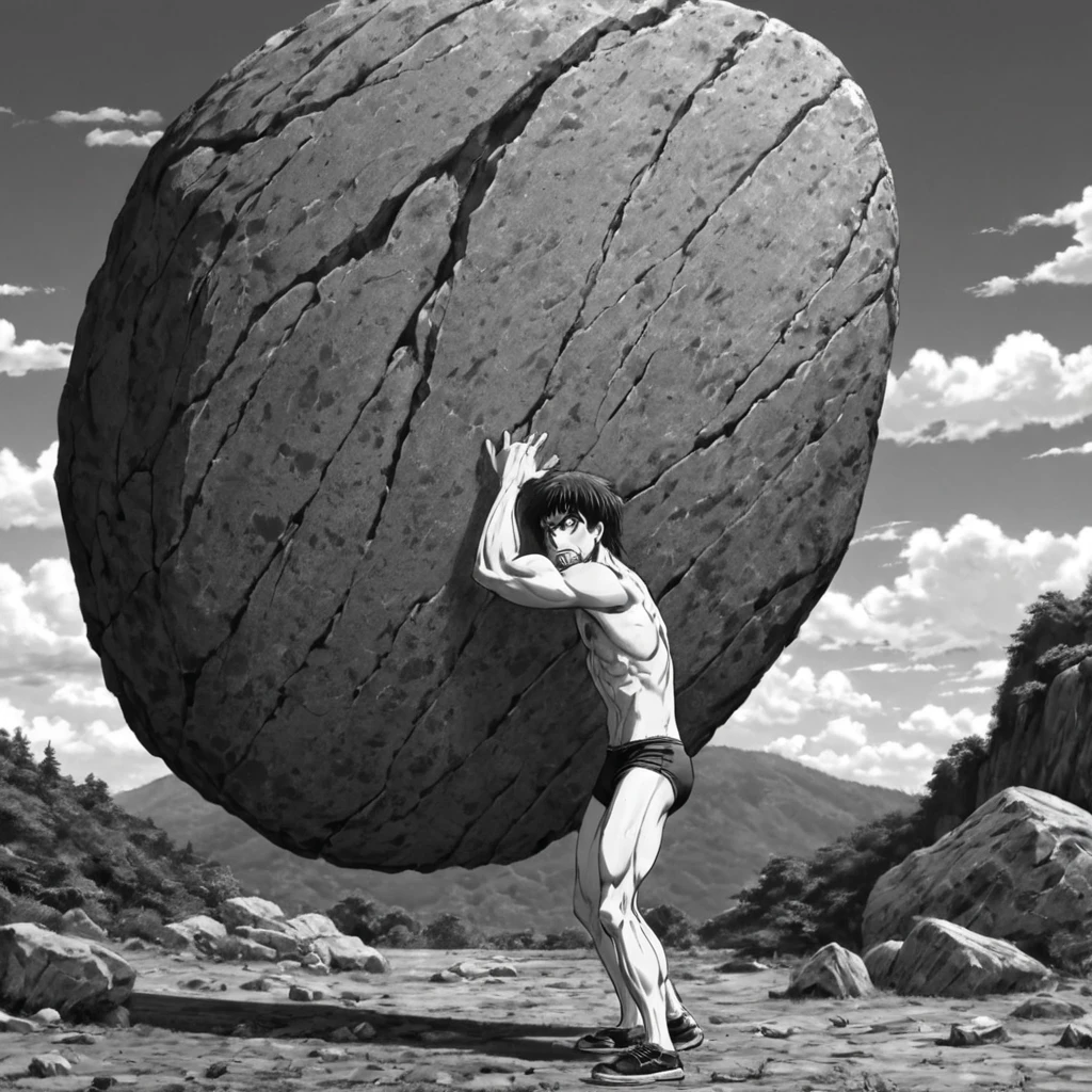 muscular man lifting a giant rock, (anime), bizarre scenario, This is Junji, Yusuke Murata, black and white, 8K, anime, horror