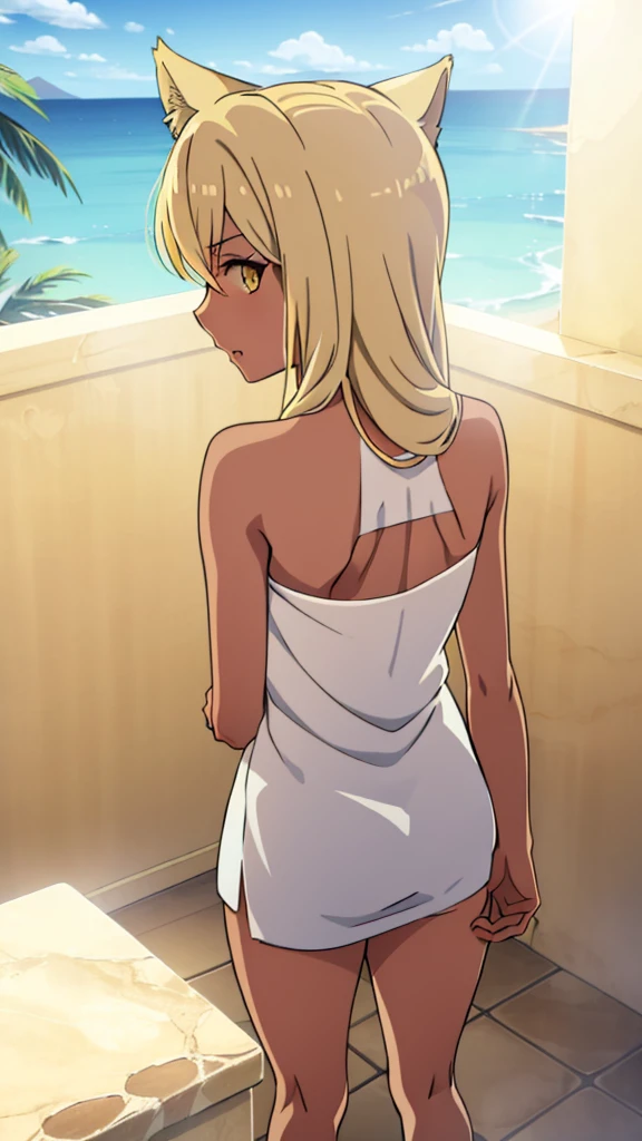 (1girl ,solo,20s,mature female),blonde hair,long hair,cat ears,yellow eyes,(((tanned skin))),(Egypt, blue sky, sun),bare shoulders,looking at view,from back,bathroom,naked towel