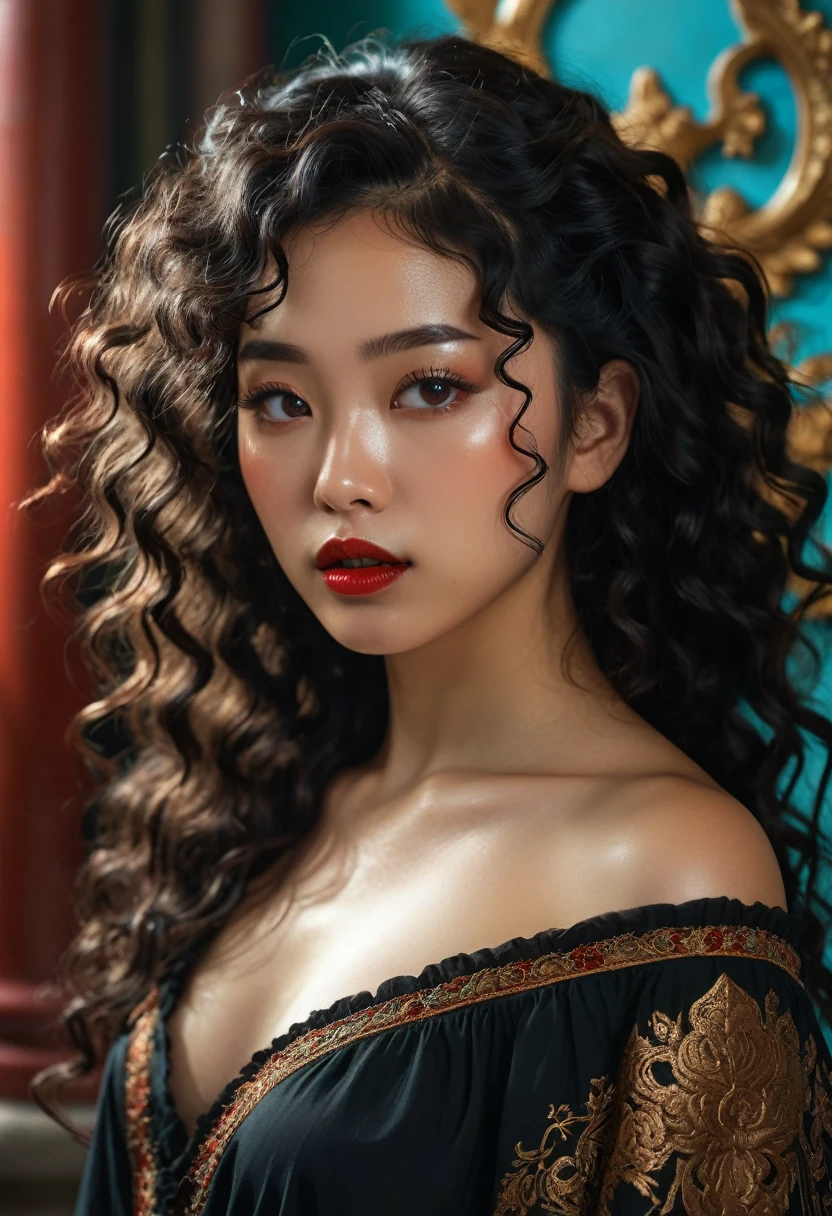 (1 girl 1.3) (extremely detailed 1.3) (anatomically correct, High precision, realistic skin) (RAW photo, nikon, 8k, Super detailed, advanced details, intricate details,), (Lighting: Face lighting, Ray tracing, reflective light, Structurally correct)  ((divine aura, greek goddess of fertility, sex, and eroticism) (Subject: beautiful half-asian, mixed asian-european, bronze skin, woman with hair in black curls and coils) (wearing: detailed embroidered goth ta extravagent many layers renaissance), [(best quality, highres, masterpiece:1.2), A half-asian half greek female virgin sacrifice, bronze skin,((inthe style of x-art))  full body portrait, sharp focus, vivid colors, detailed facial features, black curly wavy hair, expressive eyes, full red lips, creative atmosphere, bursts of inspiration,, huge , long legs, water temple] teal, bronze, slate, rust