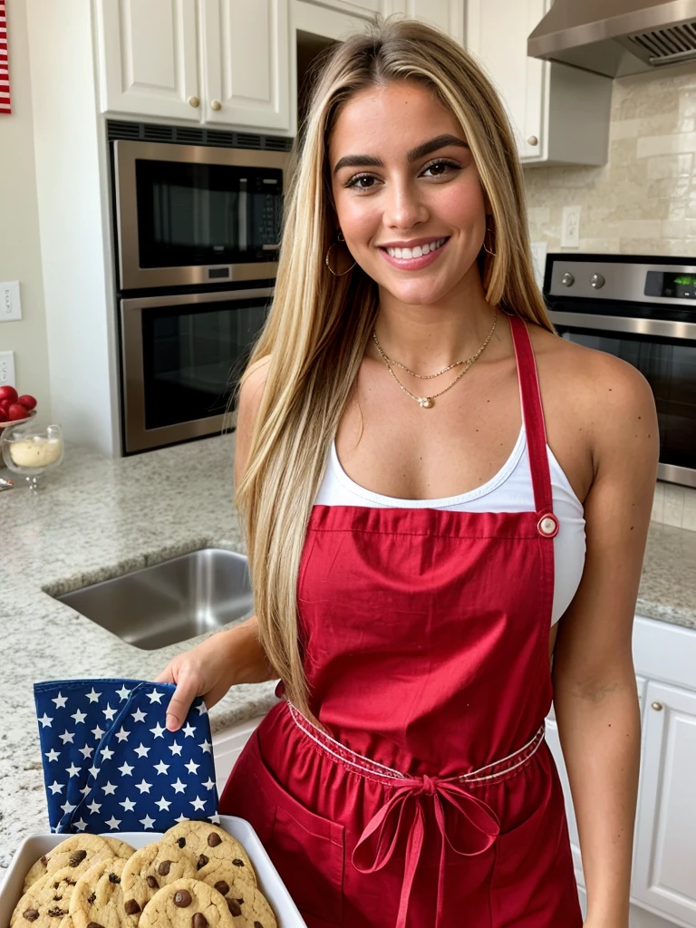 A 23-year-old blonde woman, ((pechos grandes)), ((hiperrealismo)). Blonde hair with light brown roots, cabello rubio, cabello extra largo, cabello muy largo, really long hair styled in a high ponytail. Photo taken with an iPhone, show entire body, whole body in frame, cleavage subtly visible. She is in the kitchen preparing for a 4th of July celebration, wearing a red apron over a white tank top and blue jeans. The kitchen is filled with patriotic decorations, and she is holding a tray of freshly baked cookies decorated with red, white, and blue icing, perfect hands