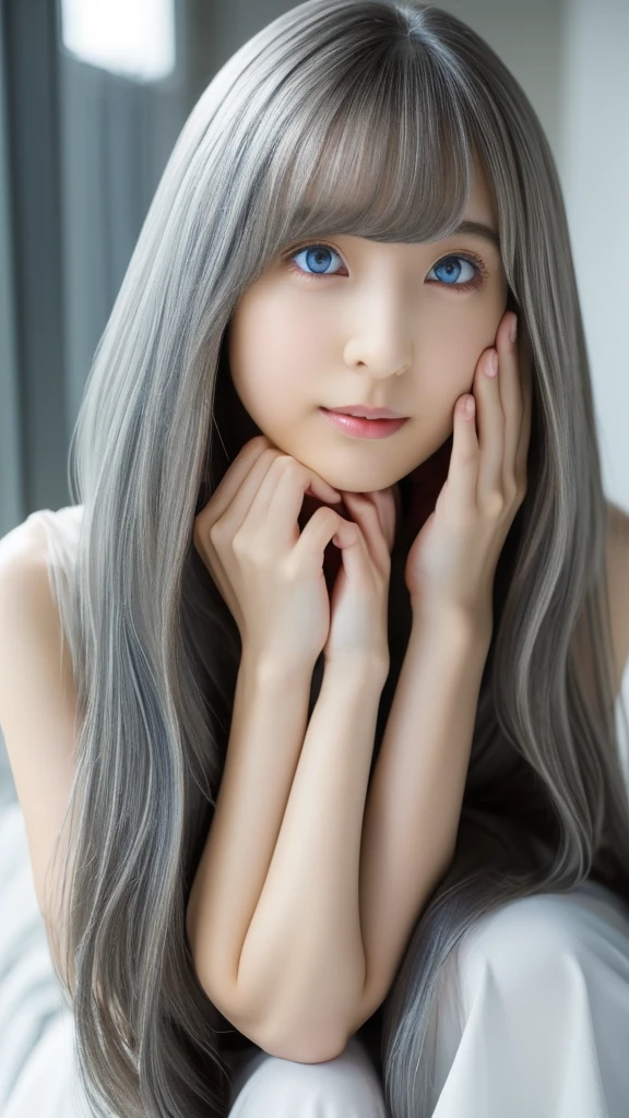 The Shining, clear, White skin、Her windswept silver hair hides her beautiful face.、Huge、Sexy beautiful face of 28 years old、Beautiful straight hair that stands out、growing up, light blue eyes shimmering、Sexy long silky bangs that cover the eyes, Sexy young woman with super long hair hiding her sexy face、The Shining silver hair、(((Sexy Woman)))