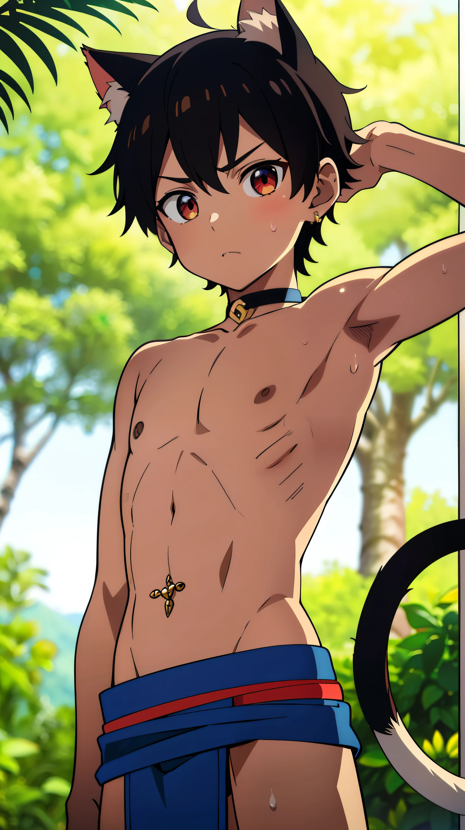 Highres, Masterpiece, Best quality at best,Best Quality,hight quality, hight detailed, Anime style, (), (showing two armpit:1.3), Navel piercing, Earring, underwear, Shirtless, Topless, Bare chest, Slim body, choker, Cat ear, upper body, sweat, Simple beckground, (very thin body), (very young y small and short body)