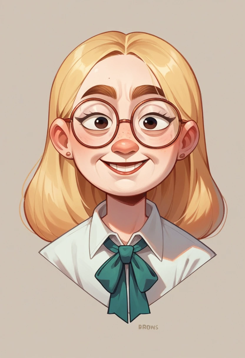 a 30-year-old woman with white skin, long blonde hair and a captivating smile, eyes browns, Round face, glasses, the setting is a studio with balls of thread and pixar needles